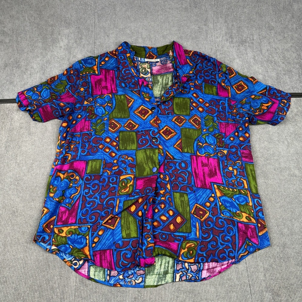 Copy Cats Vintage Abstract Geometric Floral Button y2k Shirt Blue Short Sleeve